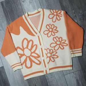SHEIN | Hippie Boho Orange Flower Power Over Sized Cardigan Sweater